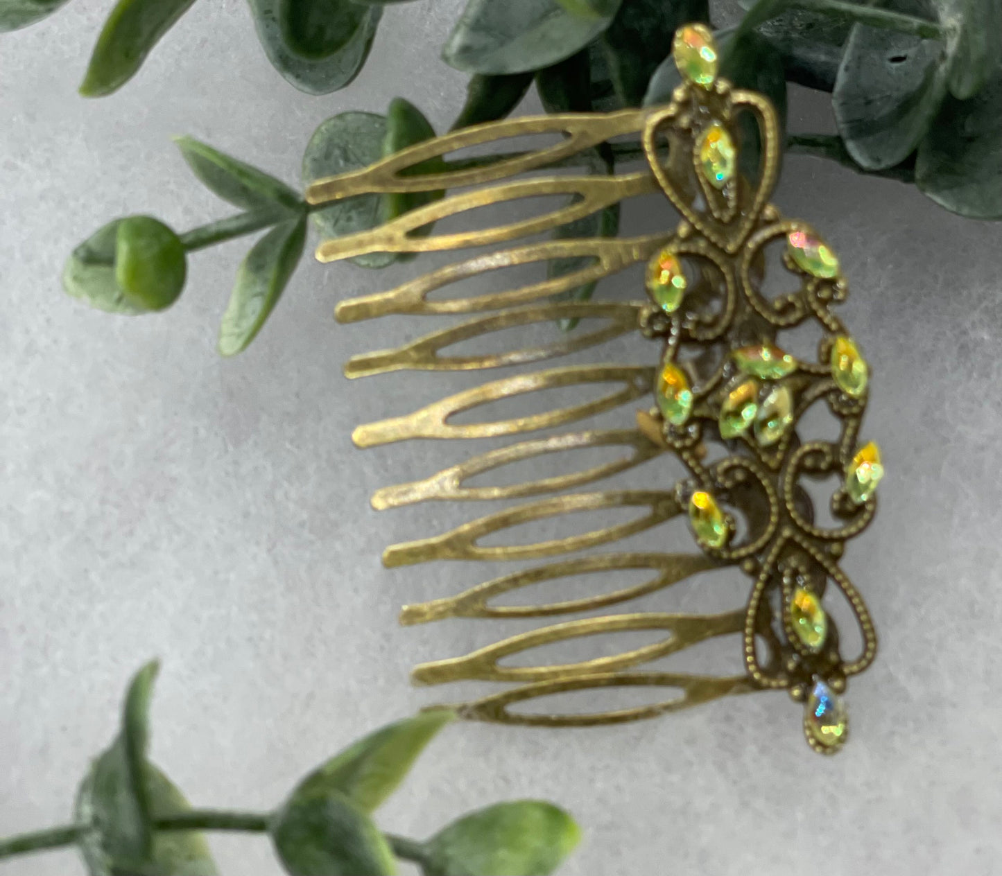Yellow iridescent crystal vintage style antique hair accessories gift birthday event formal bridesmaid  2.5” Metal side Comb #253