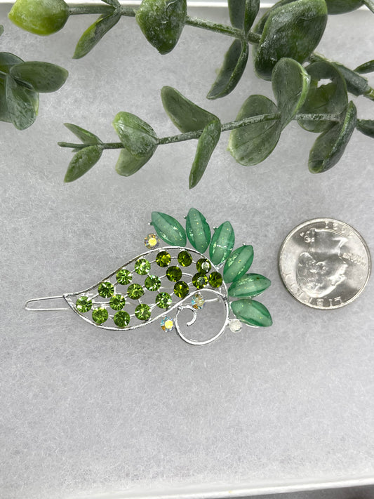Green Crystal Rhinestone peacock hair clip approximately 3.0”Metal silver tone formal hair accessory gift wedding bridal engagement