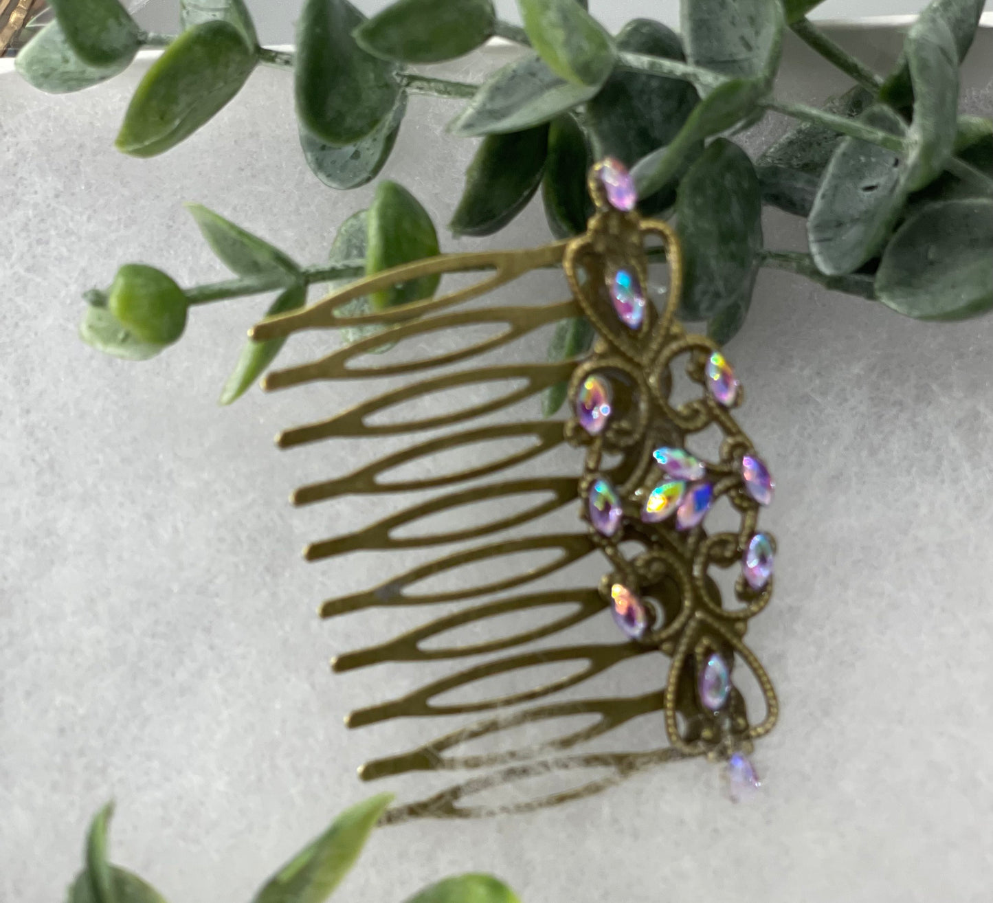 Lavender iridescent gel crystal vintage style antique hair accessories gift birthday event formal bridesmaid  2.5” Metal side Comb #255