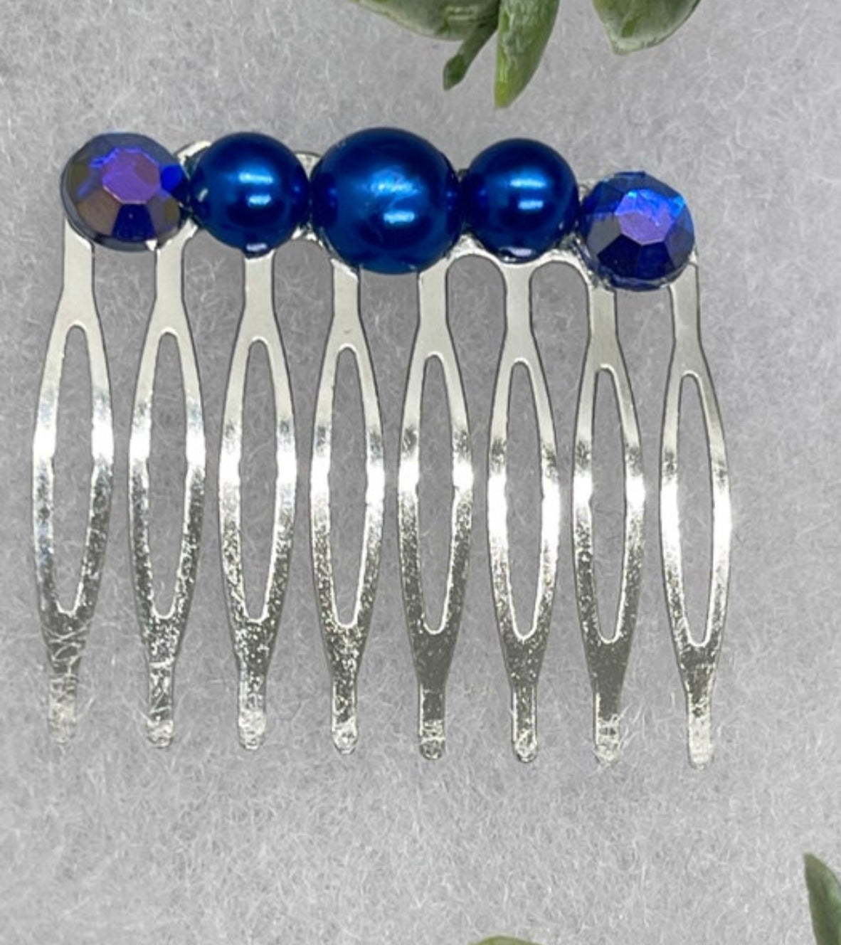 Royal blue faux Pearl crystal side comb approximately 2.0”long metal hair accessory bridal wedding Retro