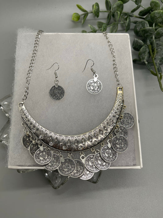 Silver coins necklace earrings set with rhinestone crystal free gift Box included