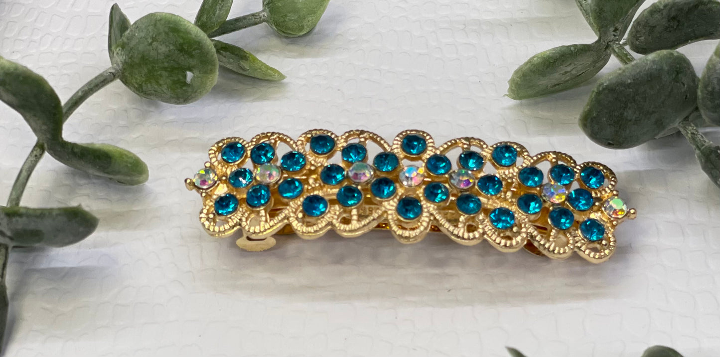 Teal Crystal rhinestone barrette approximately 3.0” gold tone formal hair accessories gift wedding bridesmaid