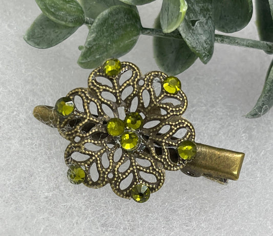 Yellow lime Crystal vintage antique style flower hair alligator clip approximately 2.0” long Handmade hair accessory bridal wedding Retro