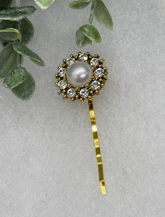 Gold Crystal Pearl flower vintage antique style hair pin approximately 2.5” long Handmade hair accessory bridal wedding Retro