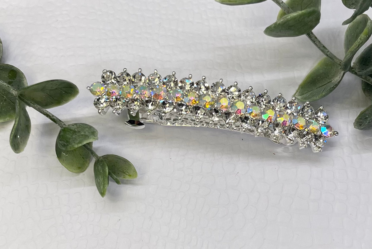 Iridescent Crystal rhinestone barrette approximately 3.0” gold tone formal hair accessories gift wedding bridesmaid princess accessory