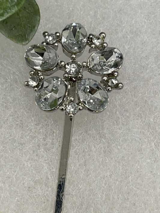 Silver crystal vintage antique style hair pin approximately 2.5” long Handmade hair accessory bridal wedding Retro