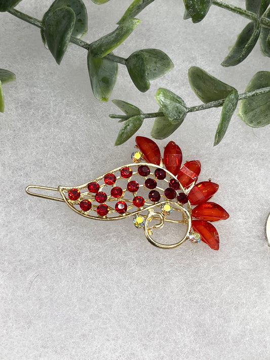Red Crystal Rhinestone peacock hair clip approximately 3.0”Metal gold  tone formal hair accessory gift wedding bridal engagement