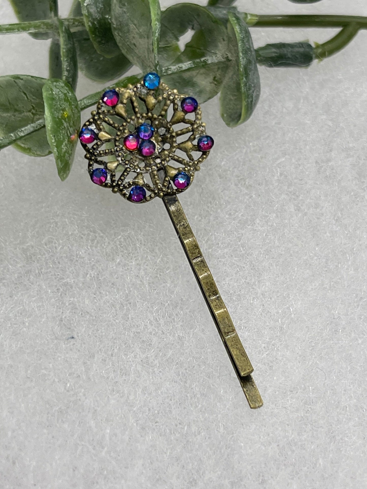 Blue flame crystal Antique vintage Style approximately 2.5” flower hair pin wedding engagement bride princess formal hair accessory