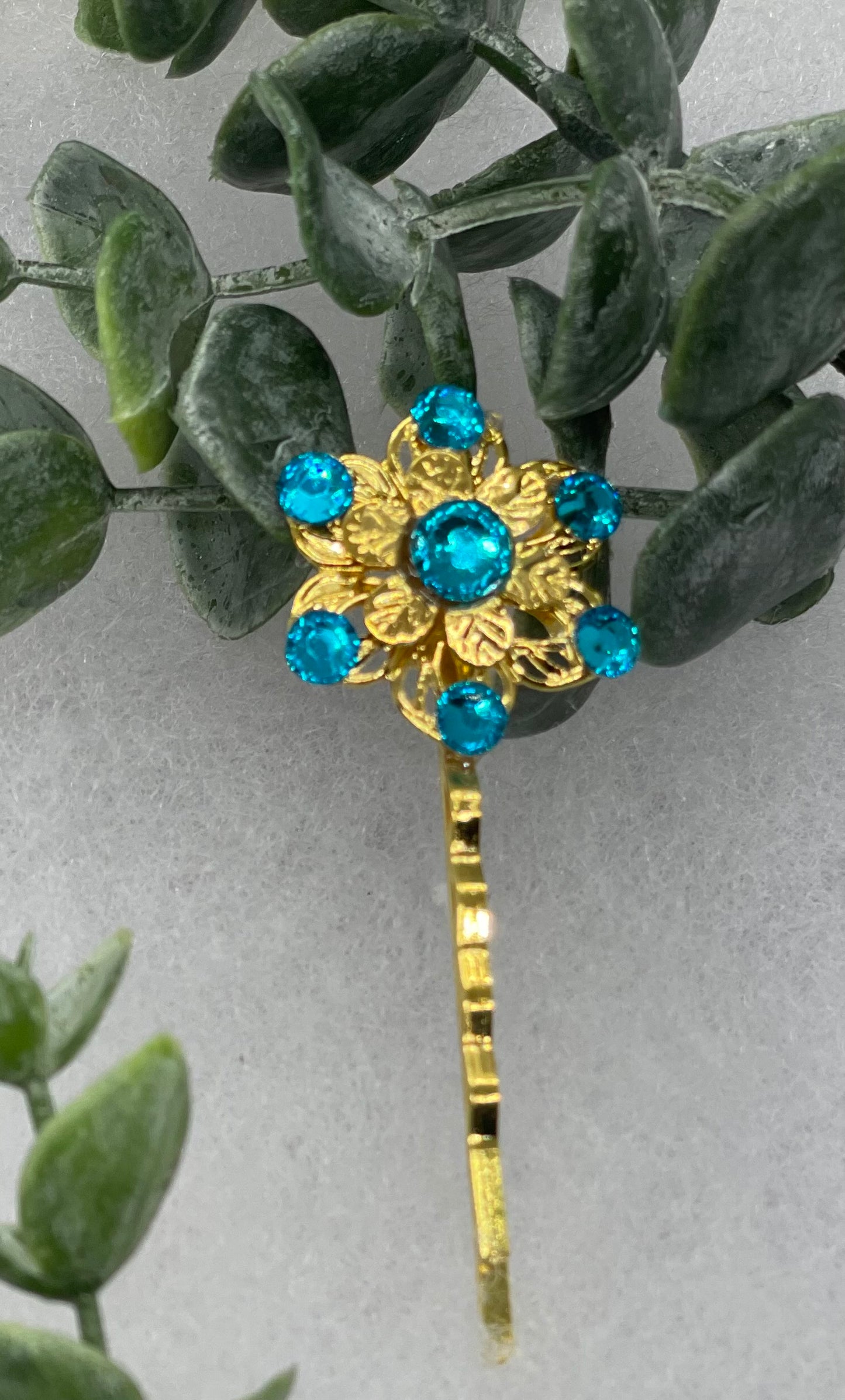Teal crystal Gold Antique vintage Style approximately 3.0” flower hair pin wedding engagement bride princess formal hair accessory accessories