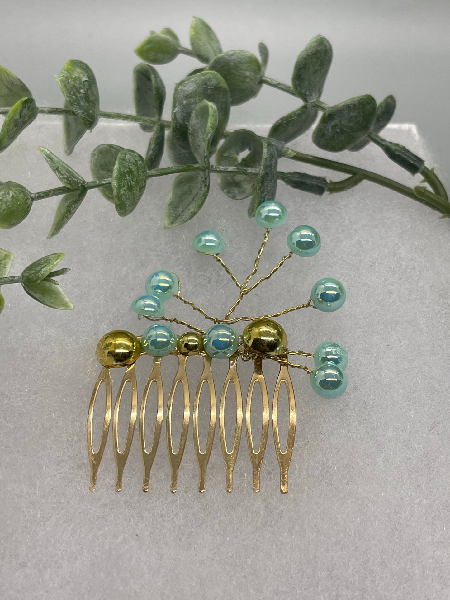 Mint Gold faux Pearl 2.0” gold tone bridal side Comb accents vine handmade by hairdazzze