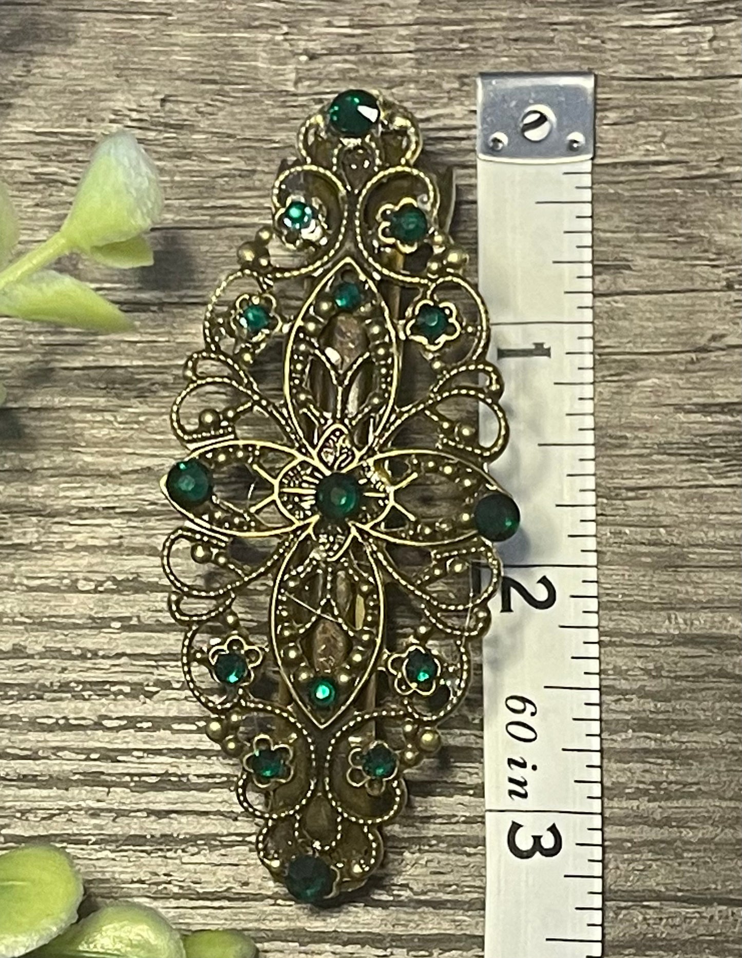 Emerald green crystal barrette Vintage Style 3.5”antique tone Metal bridal wedding shower birthday princess prom