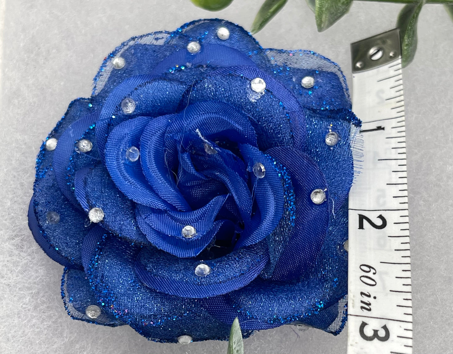 Blue Rose flower crystal rhinestone embellished alligator clip approximately 3.0” formal hair accessory wedding bridal