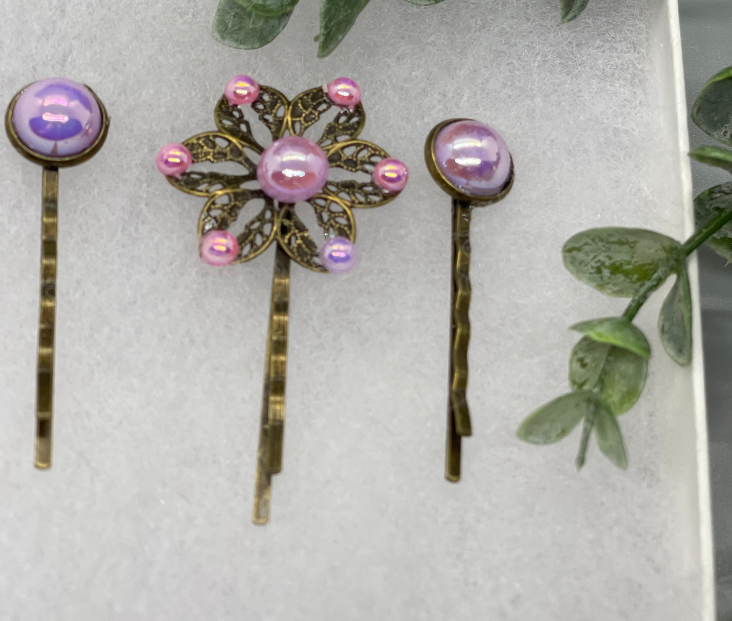 Pink purple faux  pearl 3 pc set Antique vintage Style approximately 3.0” flower hair pin wedding engagement bride princess formal hair accessories