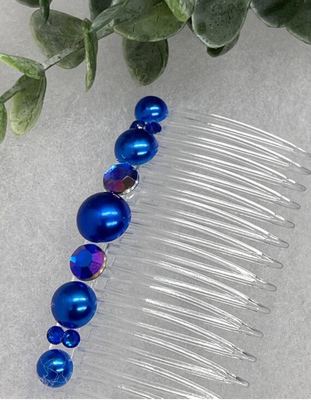 Royal blue faux Pearl crystal side comb approximately 3.5” long plastic hair accessory bridal wedding Retro