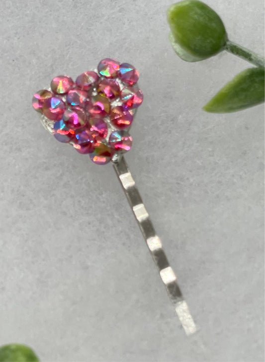 Pink heart crystal rhinestone silver 2.5” hair pin hair accessories gift birthday