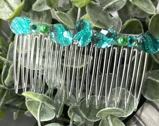 Green faux Rhinestone hair comb accessory side Comb 3.5” clear plastic side Comb