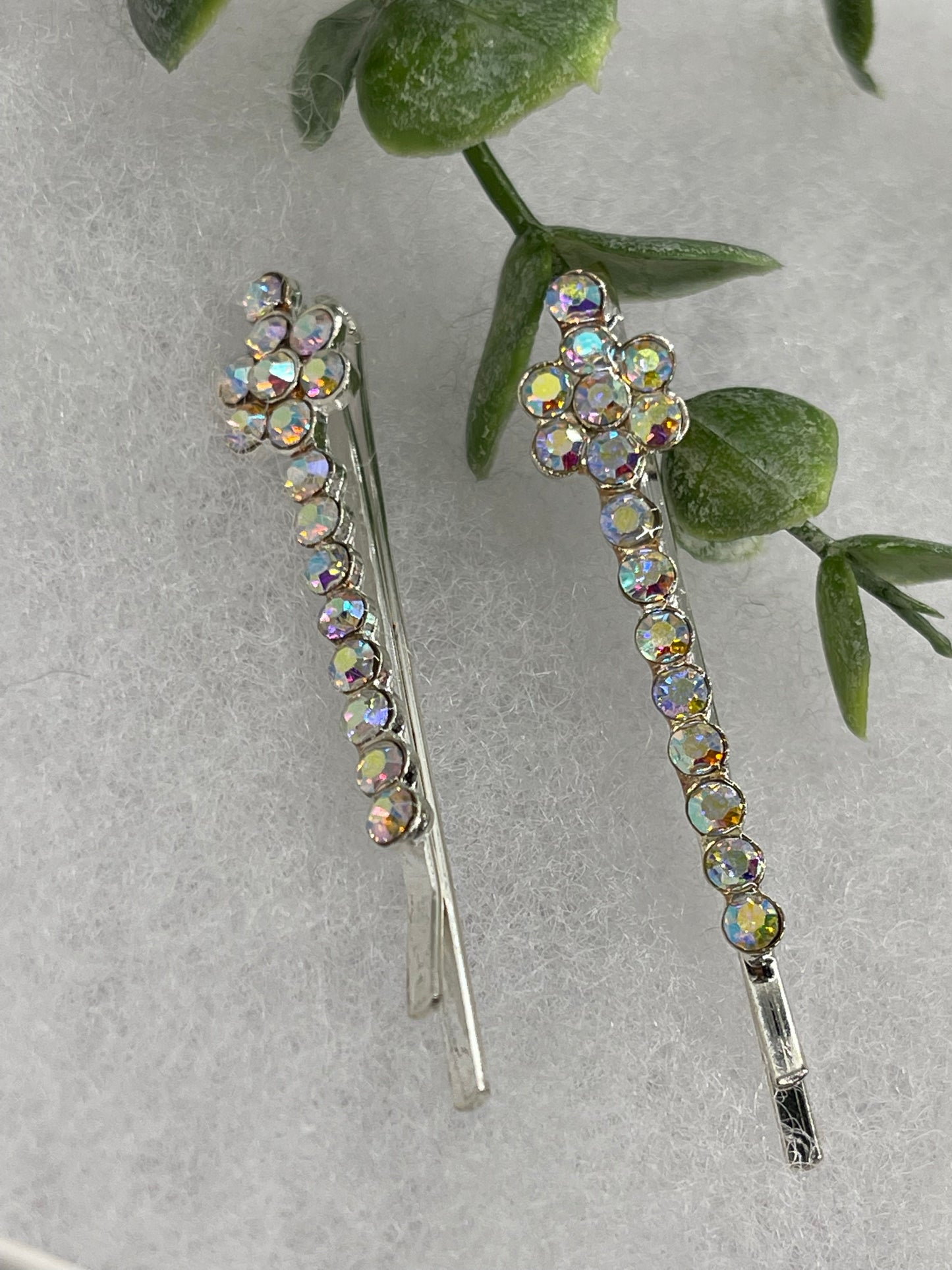 Iridescent crystal rhinestone approximately 2.0” silver tone hair pins 2 pc set wedding bridal shower engagement formal princess accessory accessories