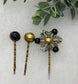 Crystal Black Gold faux pearl 3 pc set Antique vintage Style approximately 3.0” flower hair pin wedding engagement