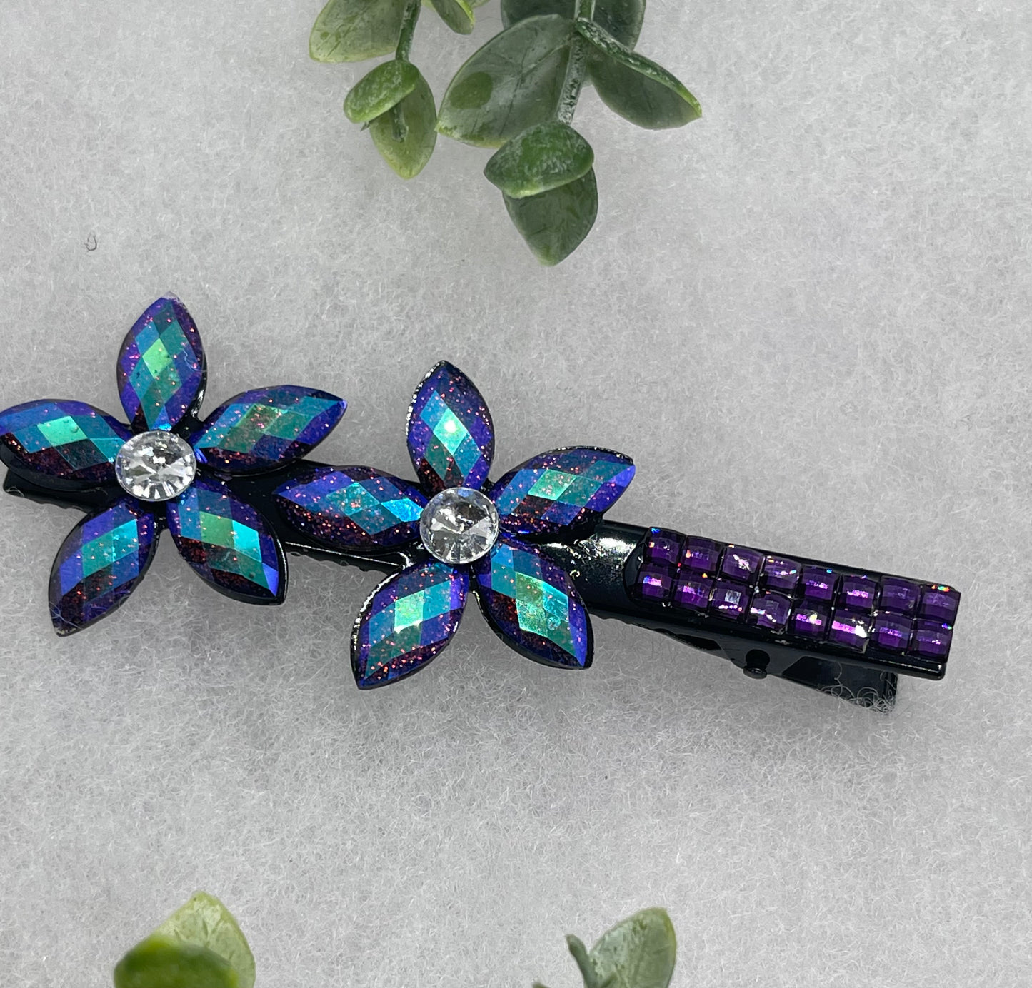 Blue Iridescent Crystal flower hair clip approximately 4.0” black tone formal hair accessory gift wedding bridal engagement