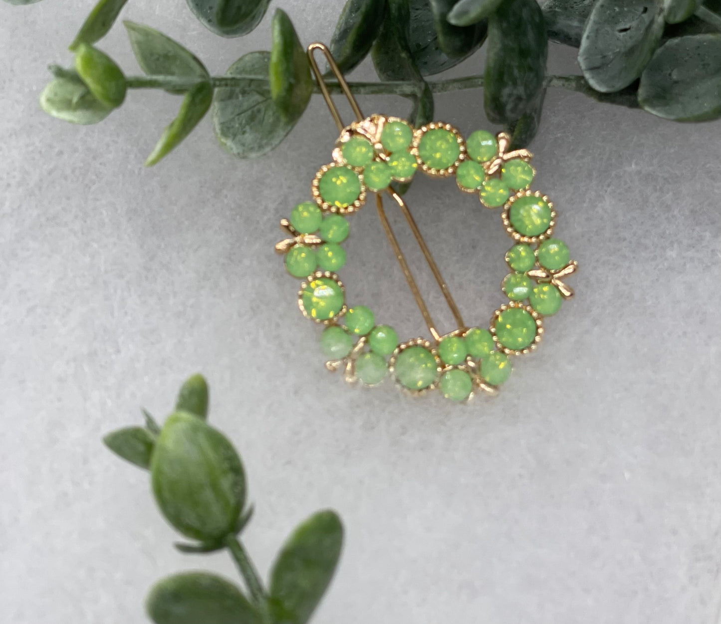 Green crystal rhinestone flower approximately 2.5” barrette Gold vintage style bridal Wedding showe