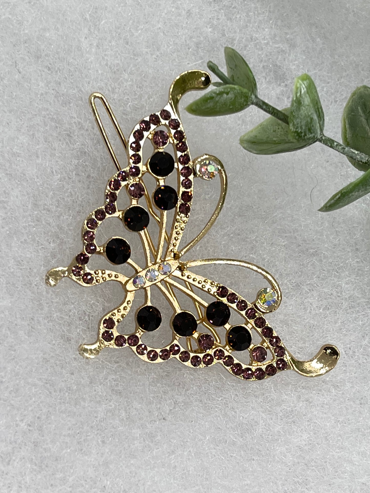 Purple gold butterfly Crystal Rhinestone Barrette approximately 3.5”Metal gold tone formal hair accessory