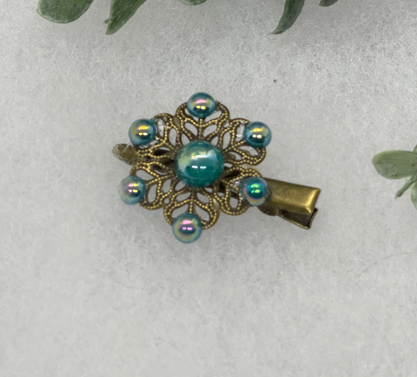 Blue iridescent faux pearl vintage antique style flower hair alligator clip 2.0”Handmade hair accessory bridal wedding