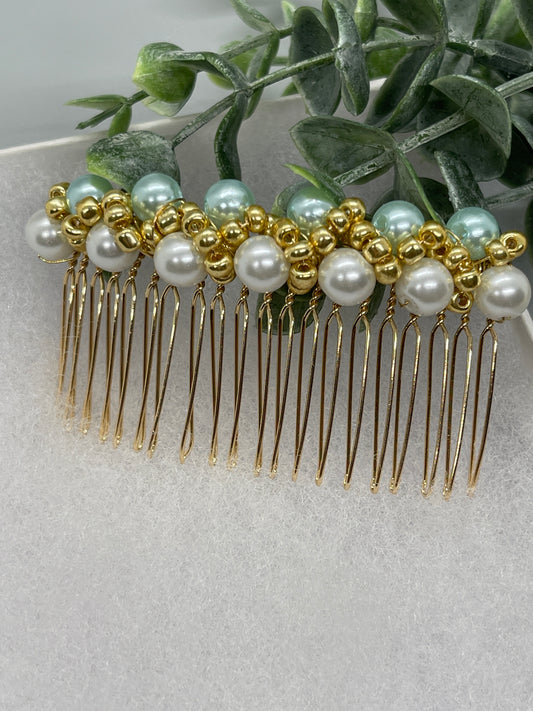 Light Teal  gold beaded side Comb 3.5” gold Metal hair Accessories bridesmaid birthday princess wedding gift handmade accessories