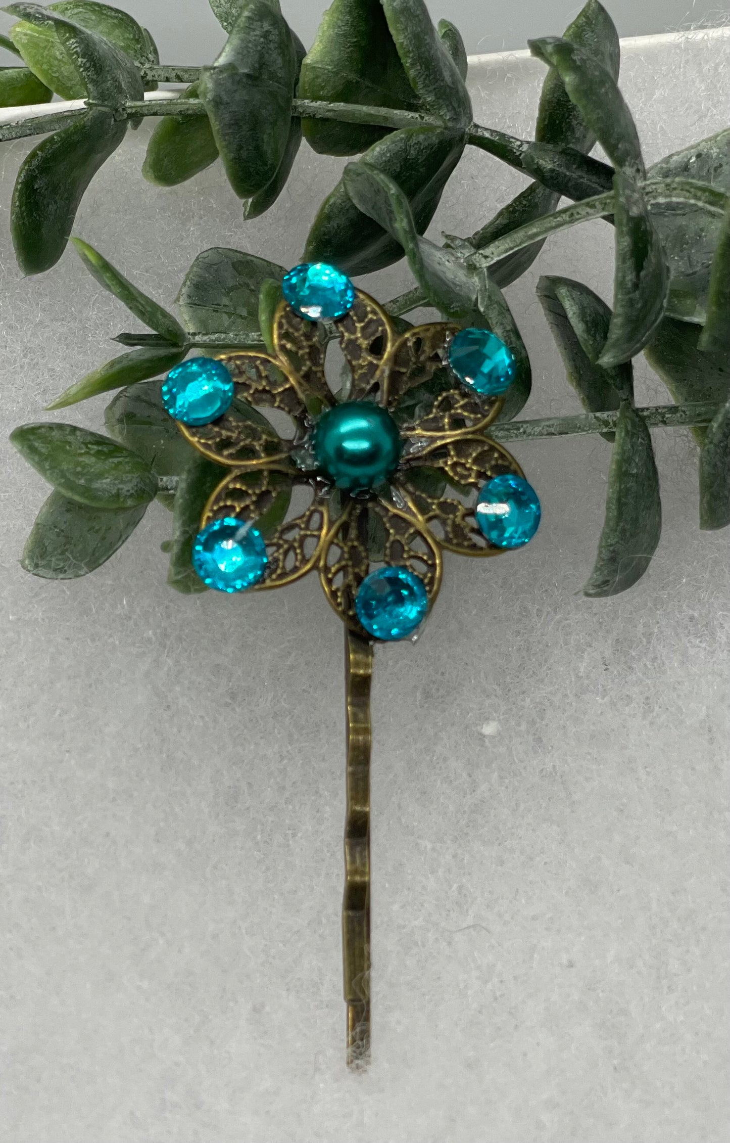 Teal crystal pearl  Antique vintage Style approximately 3.0” flower hair pin wedding engagement bride princess formal hair accessory