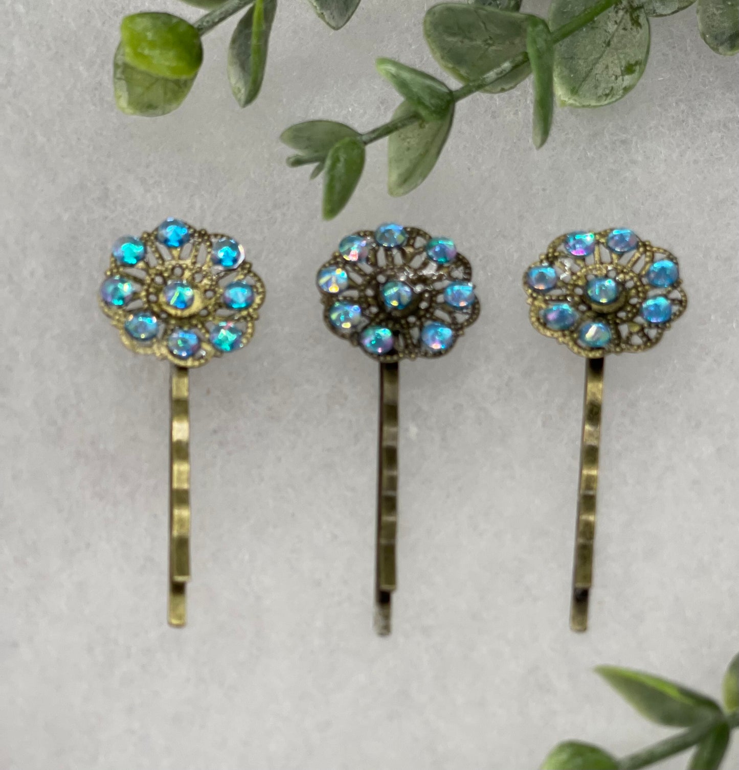 Blue rainbow  crystal  3 pc set Antique vintage Style approximately 3.0” flower hair pin wedding engagement bride princess formal hair accessories