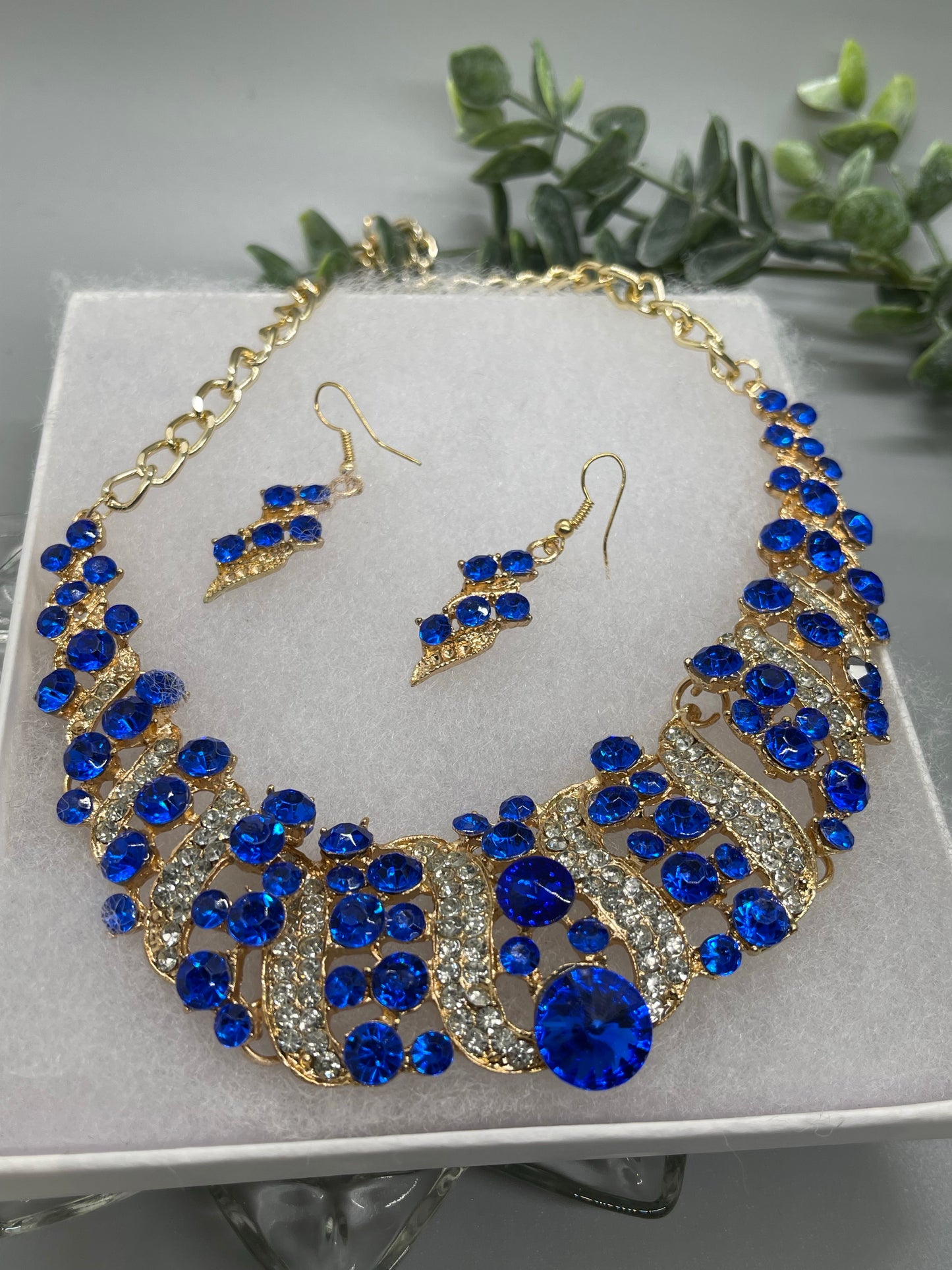 Royal blue Gold Crystal rhinestone necklace earrings set wedding engagement formal accessory