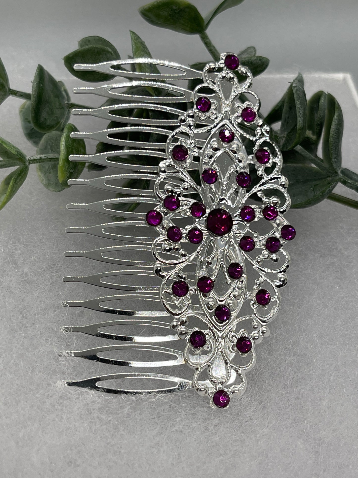 Purple crystal rhinestone 3.5”side comb silver Antique vintage style bridal Wedding shower sweet 16 birthday princess bridesmaid hair accessory