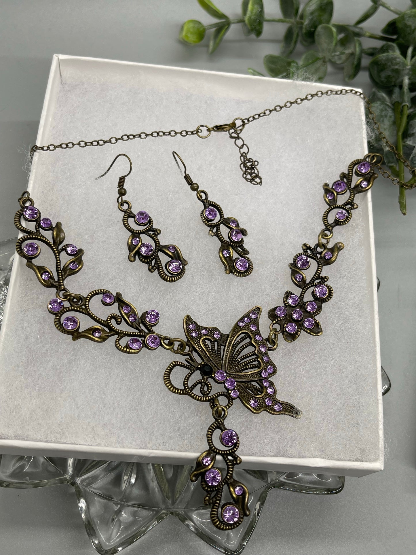 Lavender purple rhinestone crystal necklace earrings set Rhinestone Jewelry Sets earring necklace wedding engagement formal party Prom