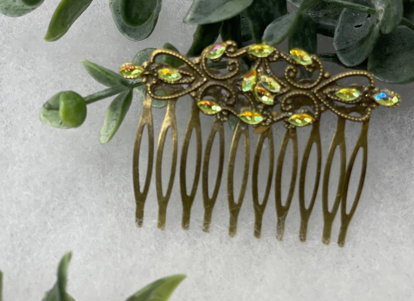 Yellow iridescent crystal vintage style antique hair accessories gift birthday event formal bridesmaid  2.5” Metal side Comb #253