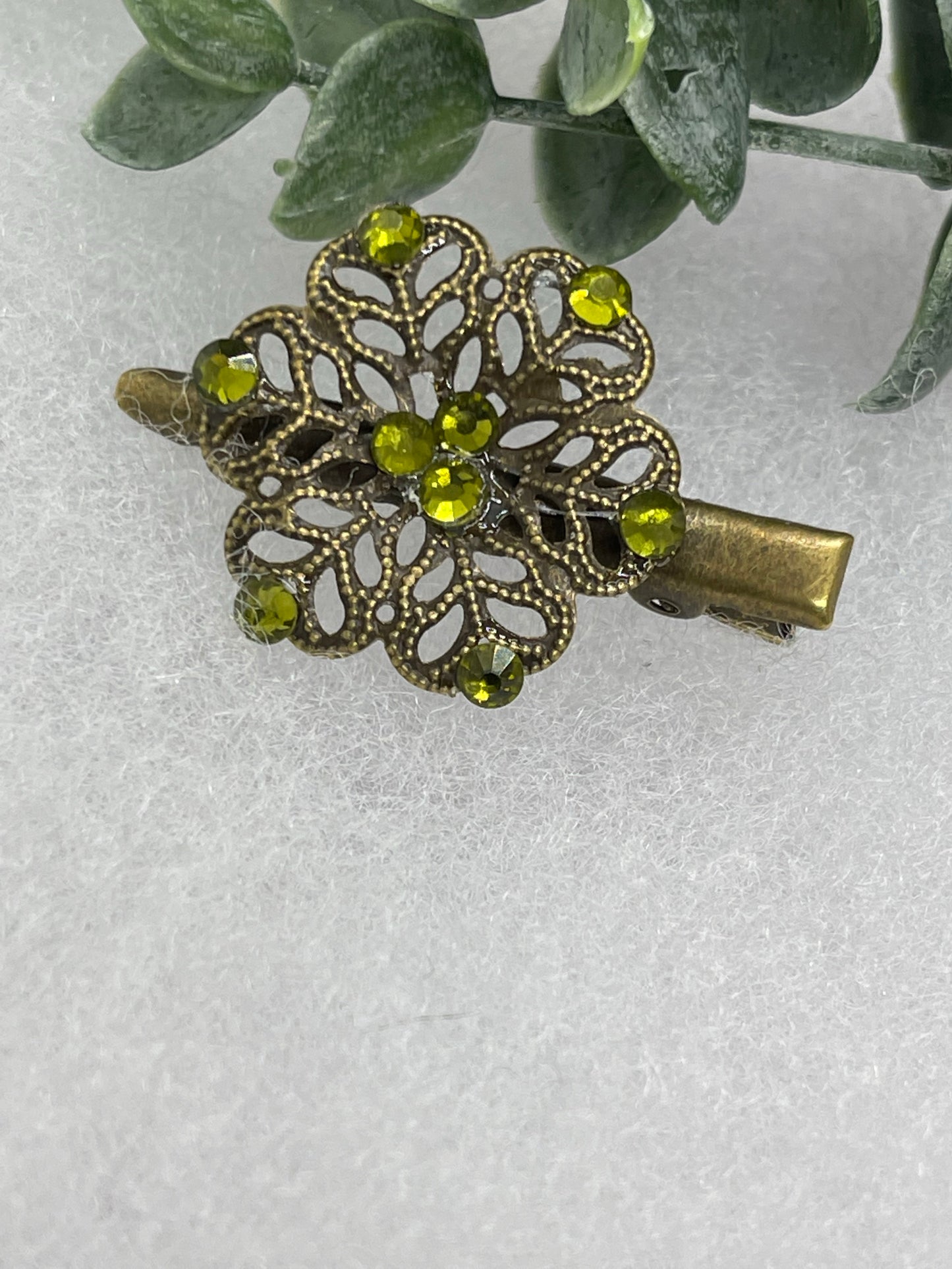 Lime yellow Crystal vintage antique style flower hair alligator clip approximately 2.0” long Handmade hair accessory bridal wedding Retro
