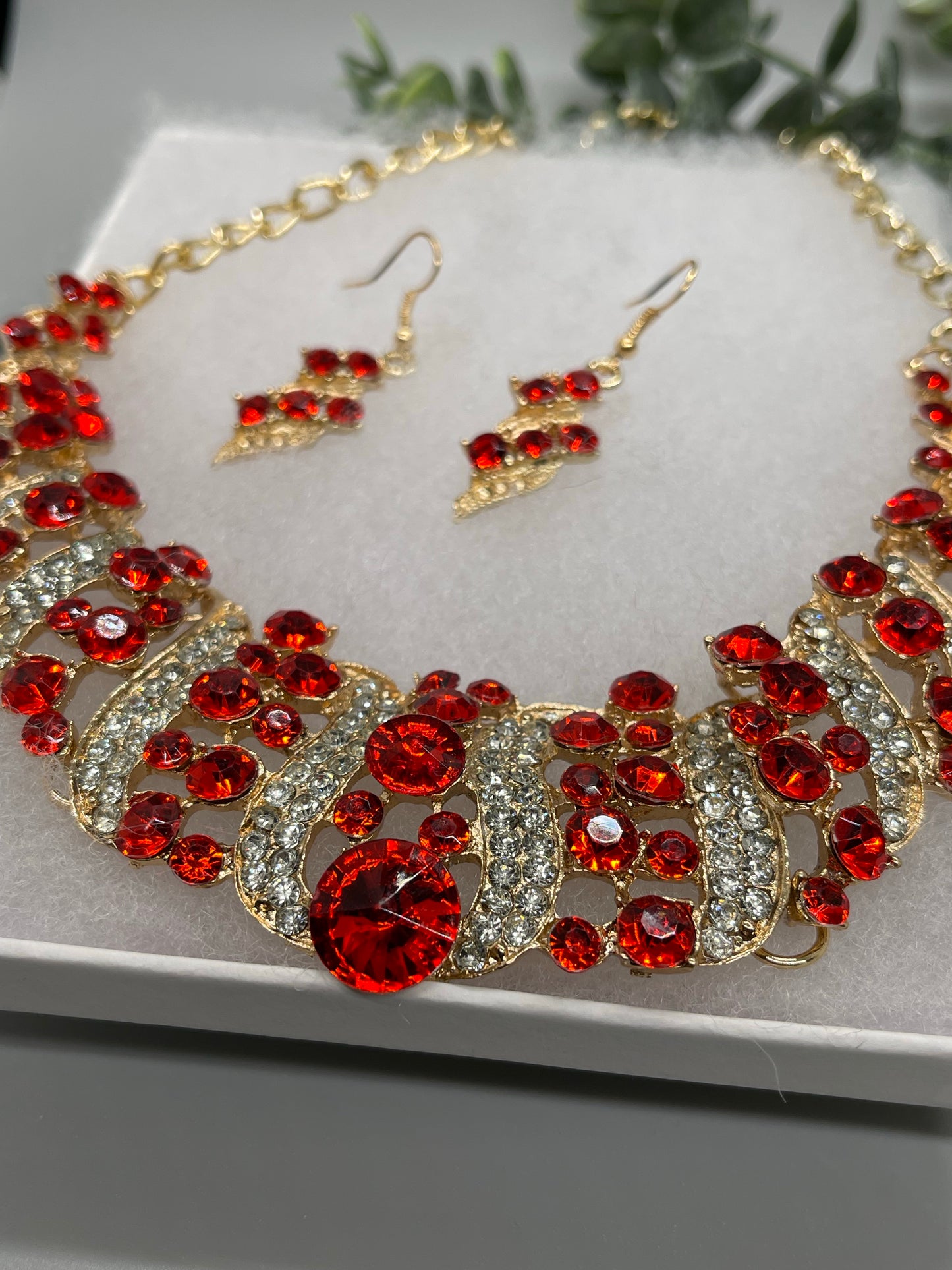 Red Gold Crystal rhinestone necklace earrings set wedding engagement formal accessory