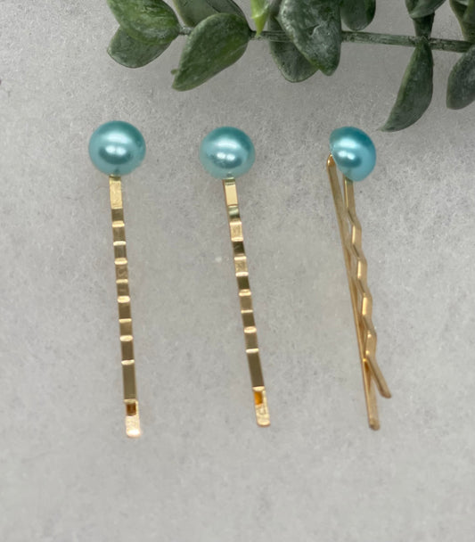 Baby Blue faux pearl 3 pc set Gold Antique vintage Style approximately 3.0” hair pin wedding engagement bride princess formal hair accessories