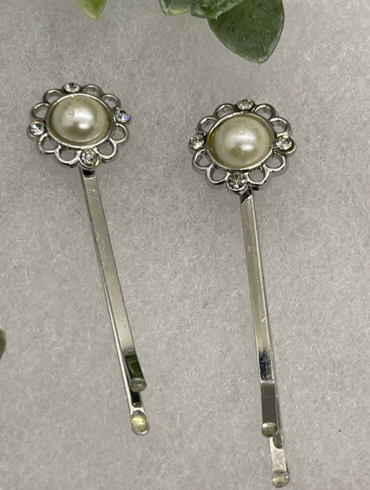 2 pc pearl crystal vintage antique style hair pin approximately 2.5” long Handmade hair accessory bridal wedding Retro