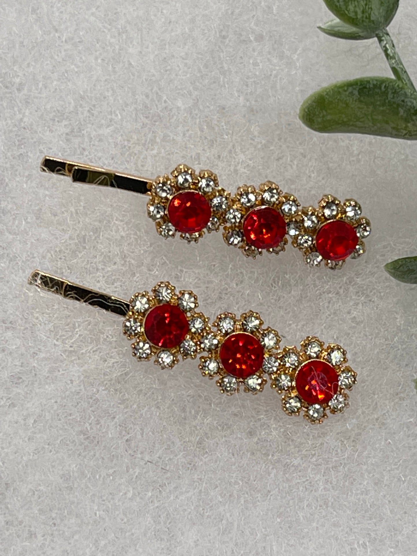Ruby red crystal rhinestone approximately 2.0” gold tone hair pins 2 pc set wedding bridal shower engagement formal princess accessory accessories