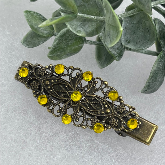 Yellow Crystal vintage antique style leaf hair alligator clip approximately 2.5” long Handmade hair accessory bridal wedding Retro
