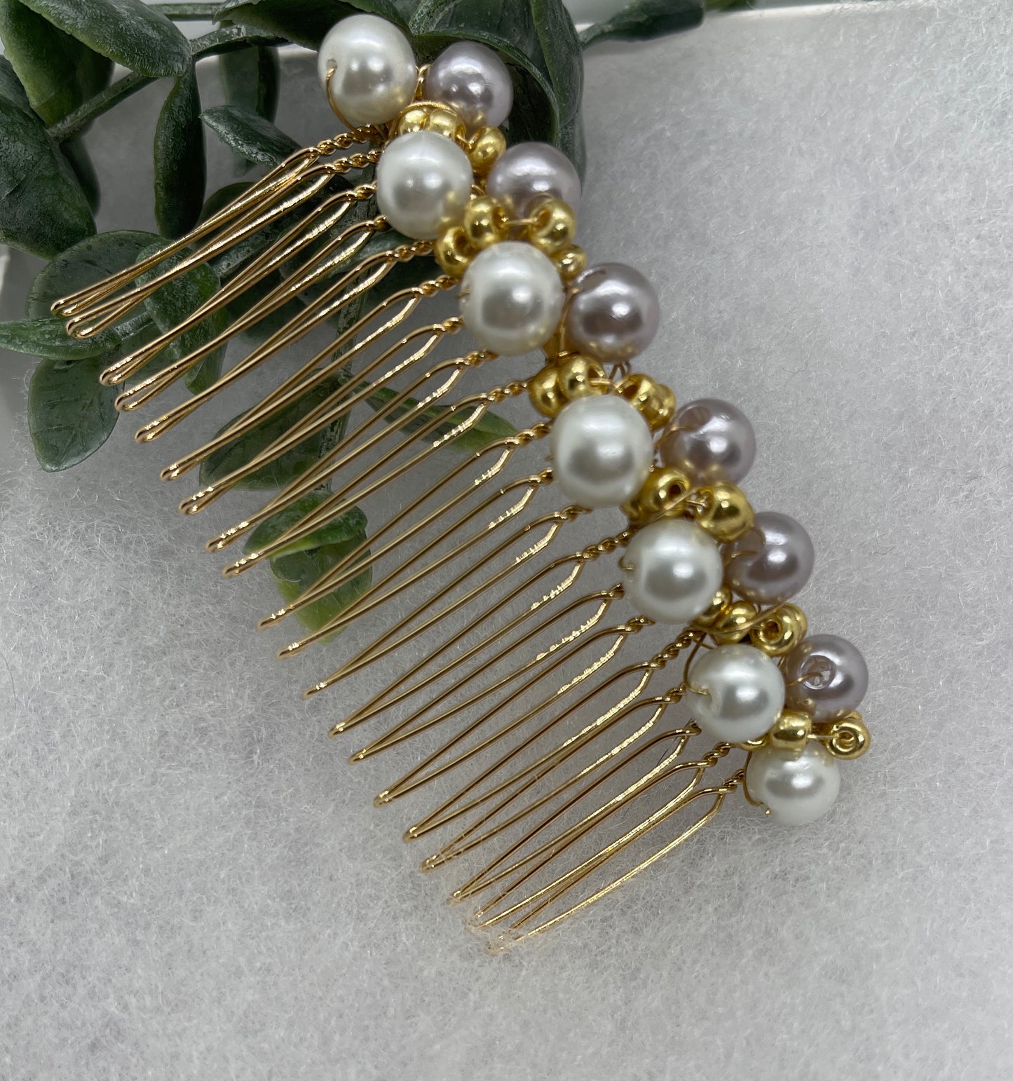 Lavender White  gold beaded side Comb 3.5” gold Metal hair Accessories bridesmaid birthday princess wedding gift handmade accessories
