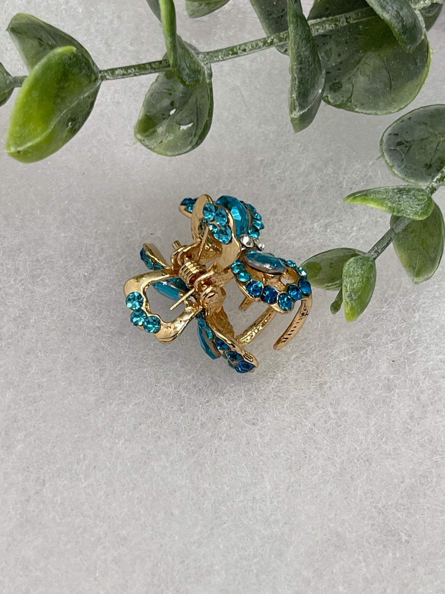 Teal blue crystal rhinestone approximately 1.0” gold tone hair claw wedding bridal shower engagement formal princess accessory accessories