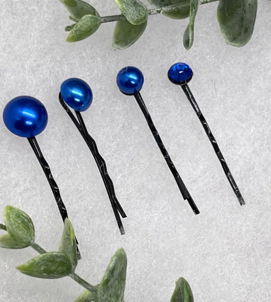 Royal blue faux Pearl 4pc set vintage antique style hair pin approximately 2.5” long Handmade hair accessory bridal wedding Retro
