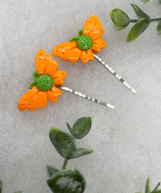 2 pc Orange Butterfly hair pins approximately 2.0”silver tone formal hair accessory gift wedding bridal Hair accessory #012