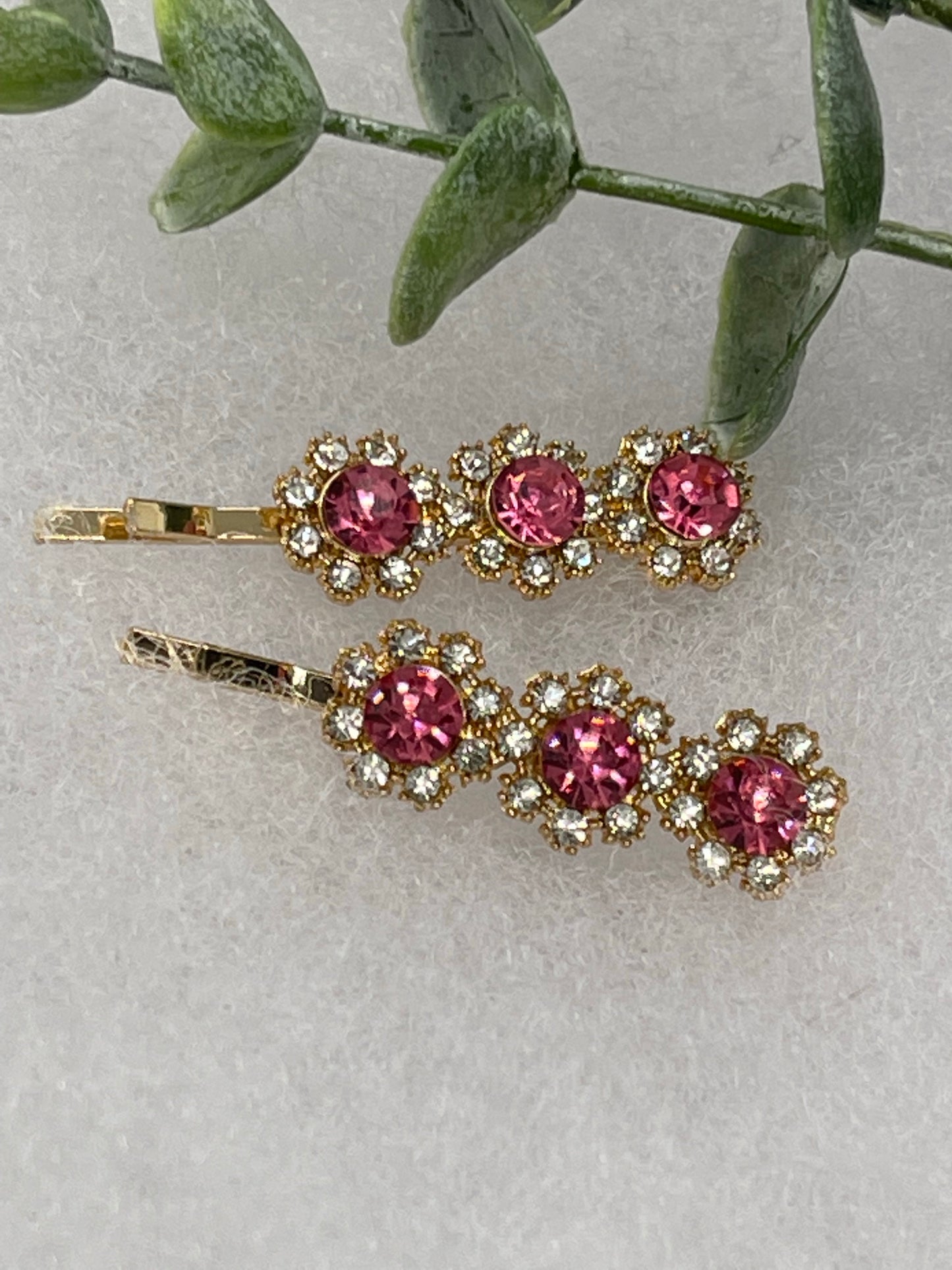 Pink crystal rhinestone approximately 2.0” gold tone hair pins 2 pc set wedding bridal shower engagement formal princess accessory accessories