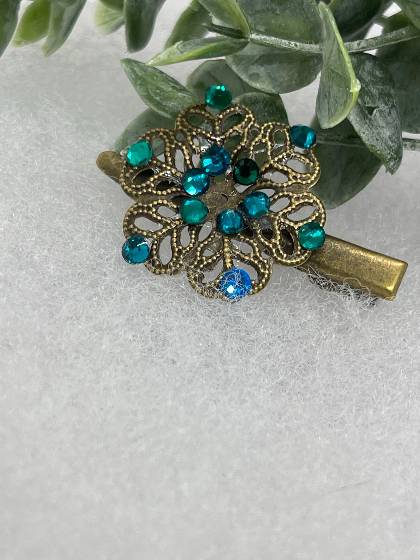 Teal blue Crystal vintage antique style flower hair alligator clip approximately 2.0” long Handmade hair accessory bridal wedding Retro