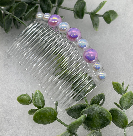 Iridescent Lavender white faux pearl side comb 3.5” clear  plastic hair accessory bridal wedding Retro Bridal Party Prom Birthday gifts