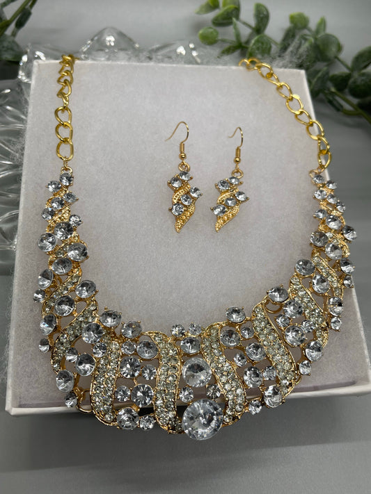 Crystal gold rhinestone necklace earrings set wedding engagement formal accessory