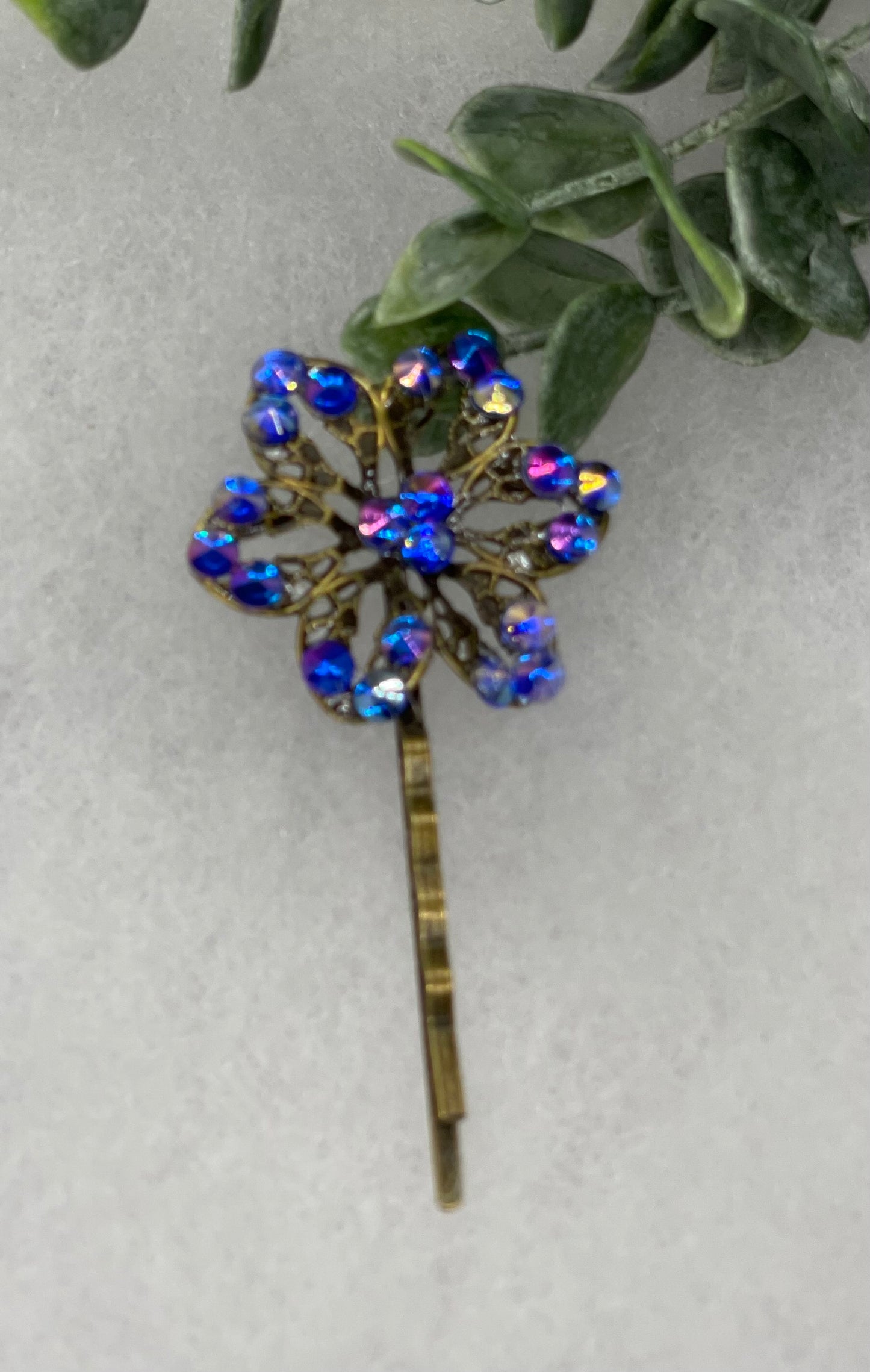 Blue Rainbow crystal Antique vintage Style approximately 3.0” flower hair pin wedding engagement bride princess formal hair accessories