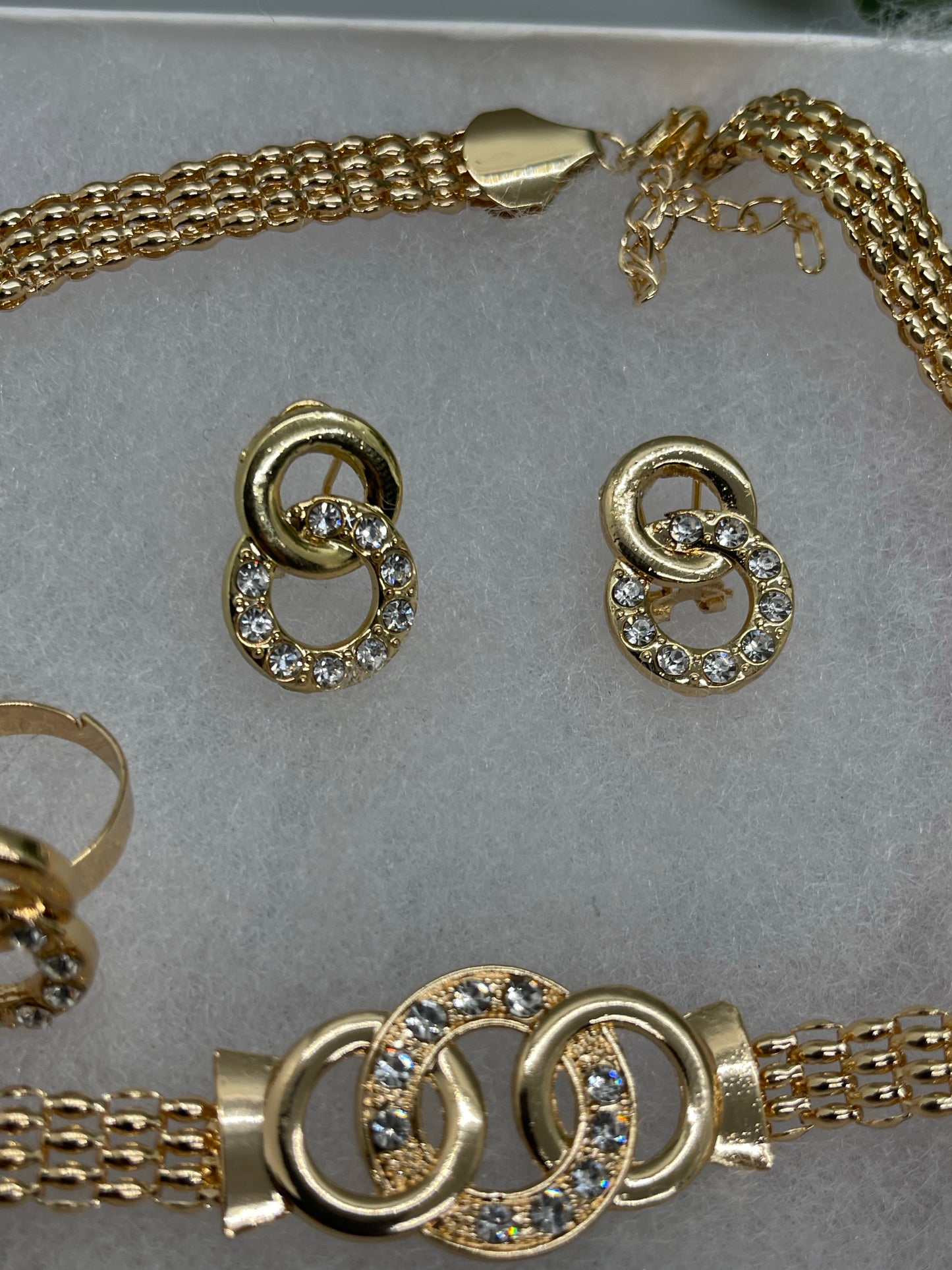 Gold Crystal rhinestone gold 5pc neck earrings ring bracelet set