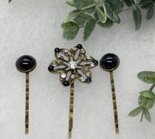 Crystal Black faux pearl 3 pc set Antique vintage Style approximately 3.0” flower hair pin wedding engagement bride princess formal hair accessories